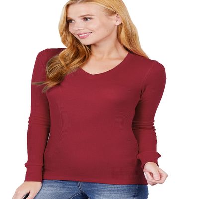 Cotton Blend Thermal V Neck Knit Top for Women Long Sleeves Burgundy