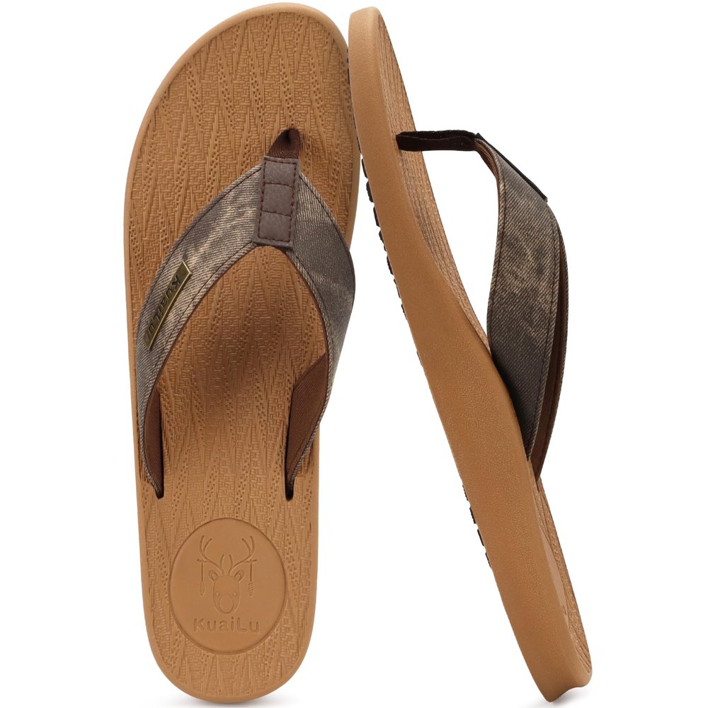 KuaiLu Mens Flip Flops Arch Support Comfortable Cushion Memory Foam Recovery Walking Waterproof Leather Thong Sandals Orthotic Plantar Fasciitis Summer Casual Beach Pool Slip on Slippers Khaki Size 10