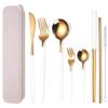 AARAINBOW 8 Pieces Stainless Steel Flatware Set Portable Reusable Cutlery Set Travel Utensils Set Including Chopsticks Knife Fork Spoon Straws Cleaning Brush Dishwasher Safe (White Golden) view 1