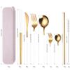 AARAINBOW 8 Pieces Stainless Steel Flatware Set Portable Reusable Cutlery Set Travel Utensils Set Including Chopsticks Knife Fork Spoon Straws Cleaning Brush Dishwasher Safe (White Golden) view 2