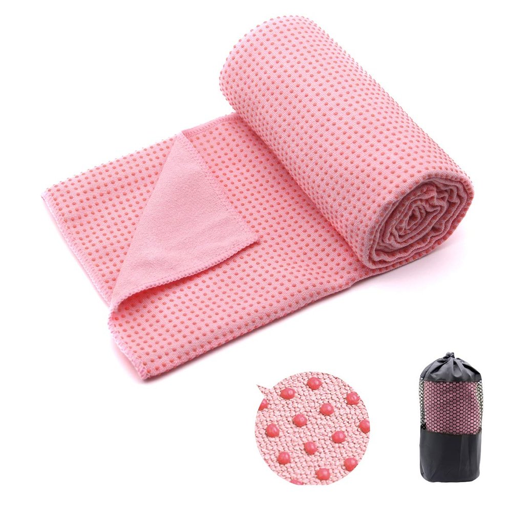 Eunzel Yoga Towel,Hot Yoga Mat Towel with Grip Dots Sweat Absorbent Non-Slip for Hot Yoga, Pilates and Workout 24" x72", Pink