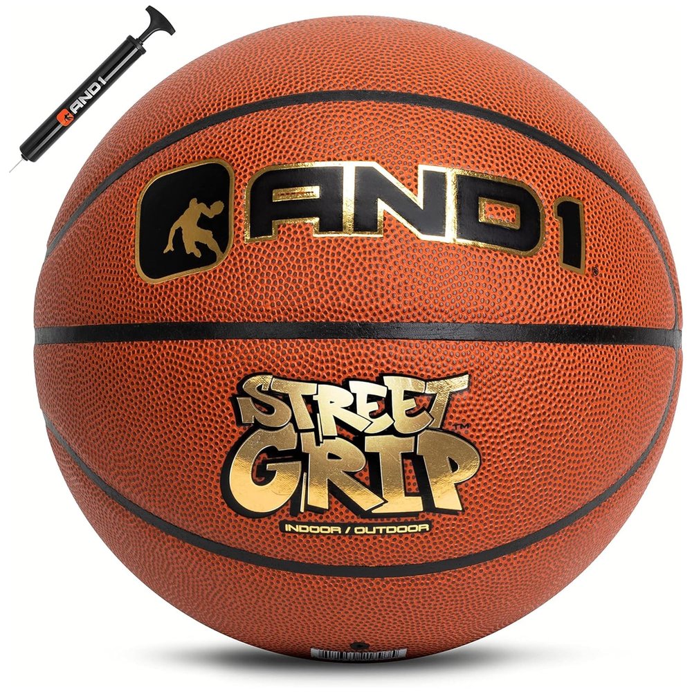 AND1 Street Grip Premium Composite Leather Basketball & Pump- Official Size 7 (29.5) Streetball, Made for Indoor and Outdoor Basketball Games (Orange)