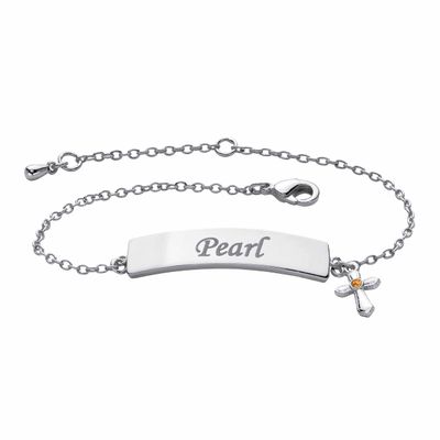 PalmBeach Platinum Plated Round Simulated Birthstone Cross Charm Personalized ID Bracelet, 6.5 inches plus 1 inch extension Month 11