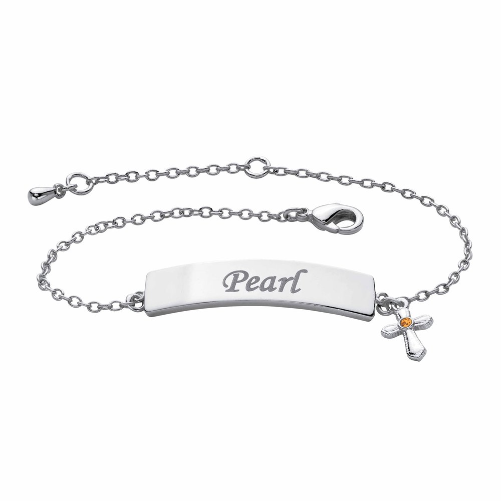 PalmBeach Platinum Plated Round Simulated Birthstone Cross Charm Personalized ID Bracelet, 6.5 inches plus 1 inch extension Month 11