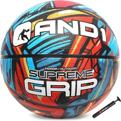 AND1 Supreme Grip Rubber Basketball & Pump- Official Size 7 (29.5) Streetball, Made for Indoor and Outdoor Basketball Games (Blue/Red), 5A1BK0143N9E2