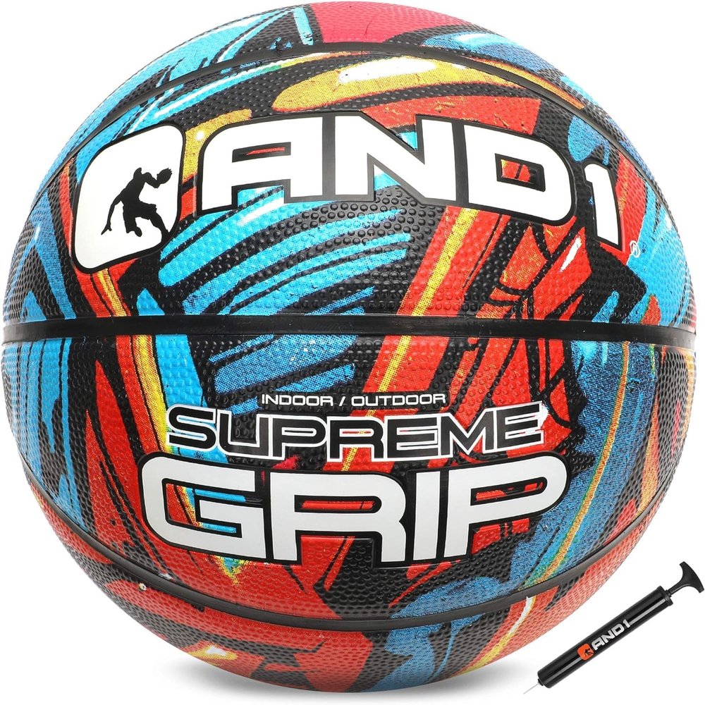 AND1 Supreme Grip Rubber Basketball & Pump- Official Size 7 (29.5) Streetball, Made for Indoor and Outdoor Basketball Games (Blue/Red), 5A1BK0143N9E2