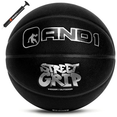 AND1 Street Grip Premium Composite Leather Basketball & Pump- Official Size 7 (29.5) Streetball, Made for Indoor and Outdoor Basketball Games (Black)