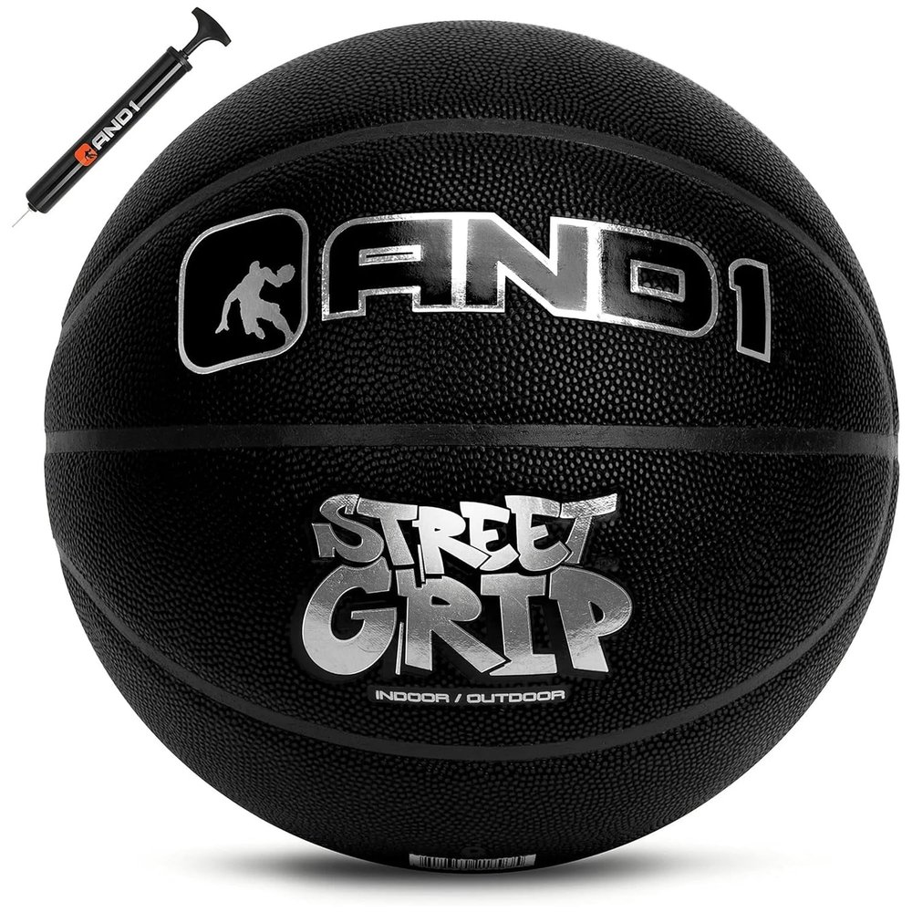 AND1 Street Grip Premium Composite Leather Basketball & Pump- Official Size 7 (29.5) Streetball, Made for Indoor and Outdoor Basketball Games (Black)