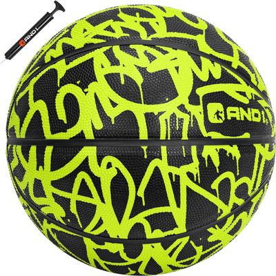 AND1 Fantom Rubber Basketball & Pump (Graffiti Series)- Official Size 7 (29.5) Streetball, Made for Indoor and Outdoor Basketball Games (Volt)