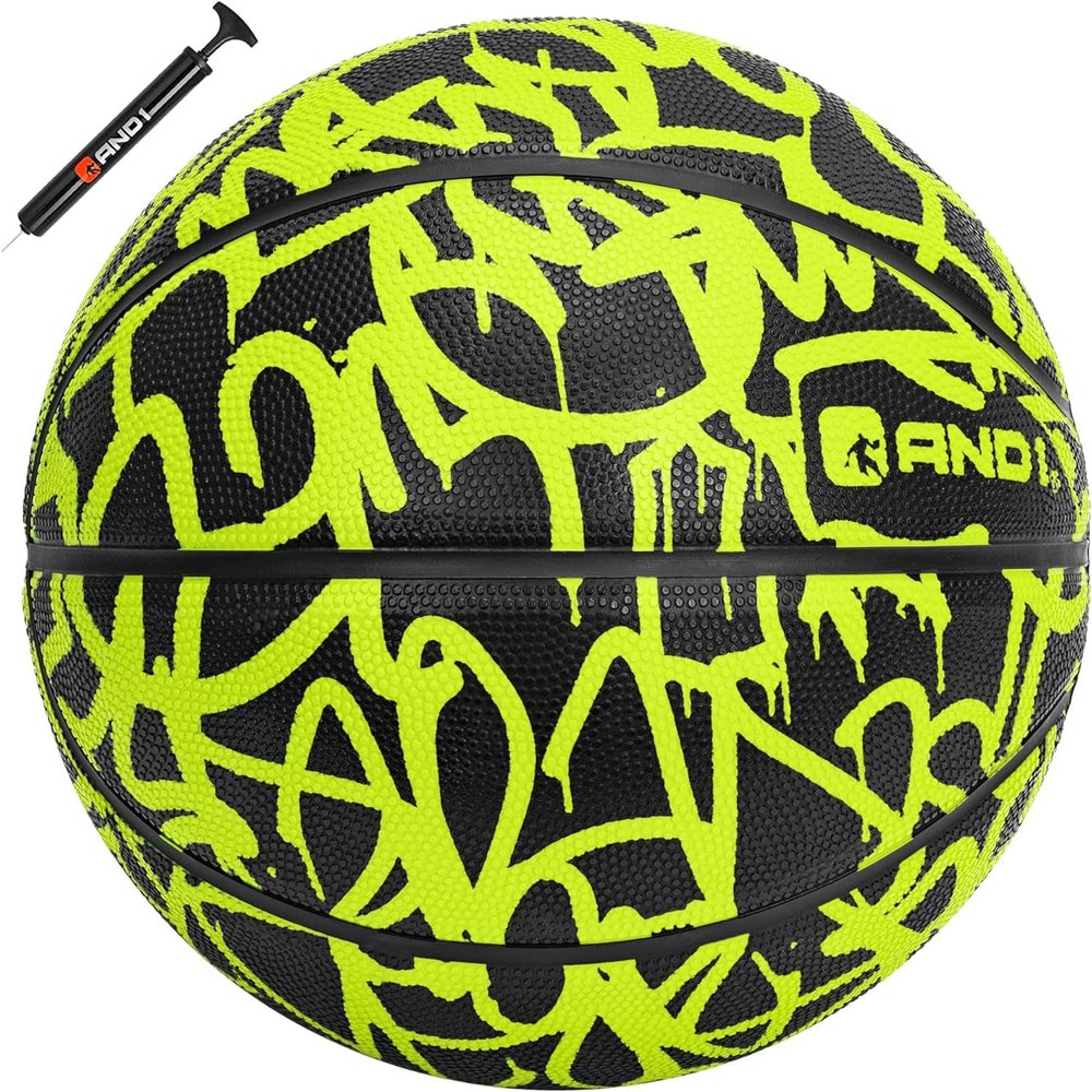 AND1 Fantom Rubber Basketball & Pump (Graffiti Series)- Official Size 7 (29.5) Streetball, Made for Indoor and Outdoor Basketball Games (Volt)