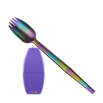 FinalSpork Collapsible, Reusable Metal Spork with Travel Case | Pocket-Sized | Stainless Steel & Platinum Grade Silicone | Eco-Friendly | Porpoise-Ful Purple Case, Rainbow Spork