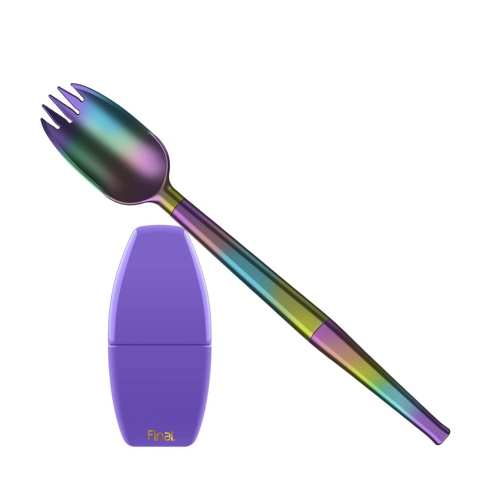 FinalSpork Collapsible, Reusable Metal Spork with Travel Case | Pocket-Sized | Stainless Steel & Platinum Grade Silicone | Eco-Friendly | Porpoise-Ful Purple Case, Rainbow Spork
