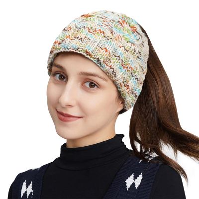 Womens Ponytail Beanie Hat with Button for Mask,Criss Cross Winter High Messy Bun Beanie Hat with Ponytail Hole