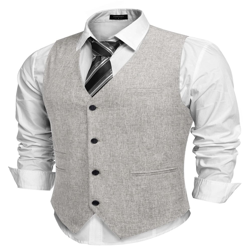 COOFANDY Men's Casual Business Vests Lightweight Waistcoat Slim Fit Suit Vest Light Grey Large