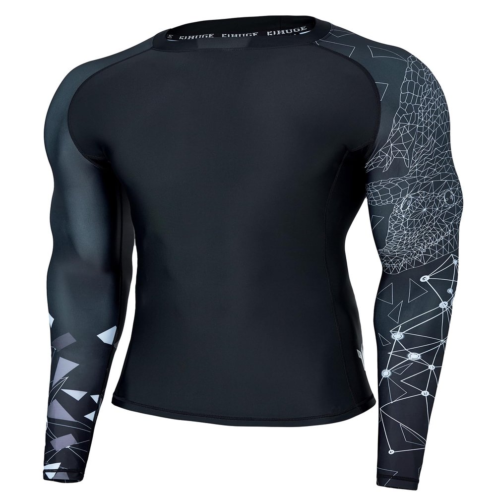 ADOREISM Quick-Dry Men's Long Sleeve Rash Guard UPF 50+ Compression Swim Shirt (Lined Alligator, XL)