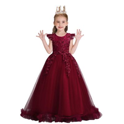 WOCINL Flower Girls Lace Appliques Wedding Dress Princess First Communion Long Tulle Birthday Pageant Party Dance Ball Gown Burgundy 9-10T