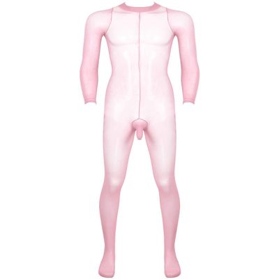 JanJean Mens Sheer Bodystocking with Sheath Long Sleeves Footed Bodysuit Tights Leggings Pantyhose Pink One Size
