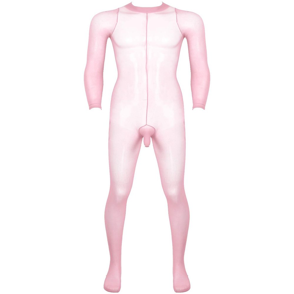 JanJean Mens Sheer Bodystocking with Sheath Long Sleeves Footed Bodysuit Tights Leggings Pantyhose Pink One Size