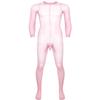JanJean Mens Sheer Bodystocking with Sheath Long Sleeves Footed Bodysuit Tights Leggings Pantyhose Pink One Size view 1