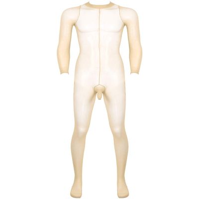 JanJean Mens Sheer Bodystocking with Sheath Long Sleeves Footed Bodysuit Tights Leggings Pantyhose Nude One Size