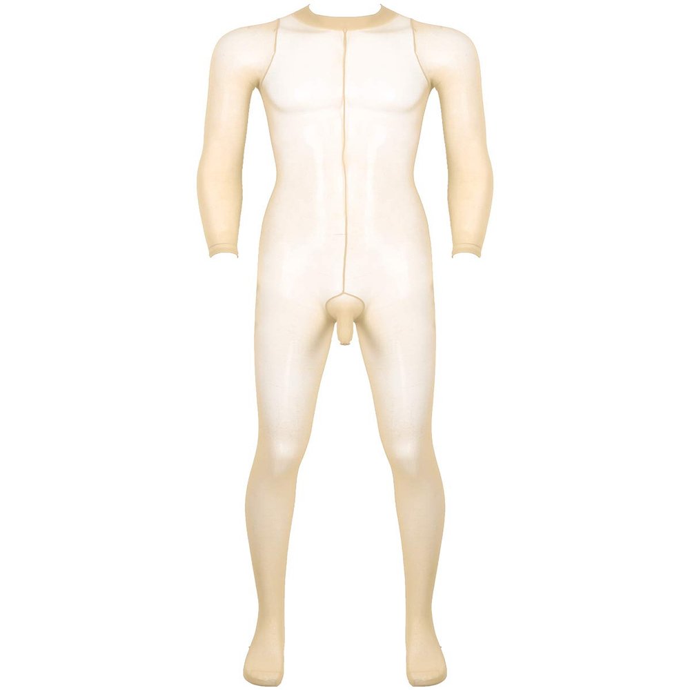 JanJean Mens Sheer Bodystocking with Sheath Long Sleeves Footed Bodysuit Tights Leggings Pantyhose Nude One Size