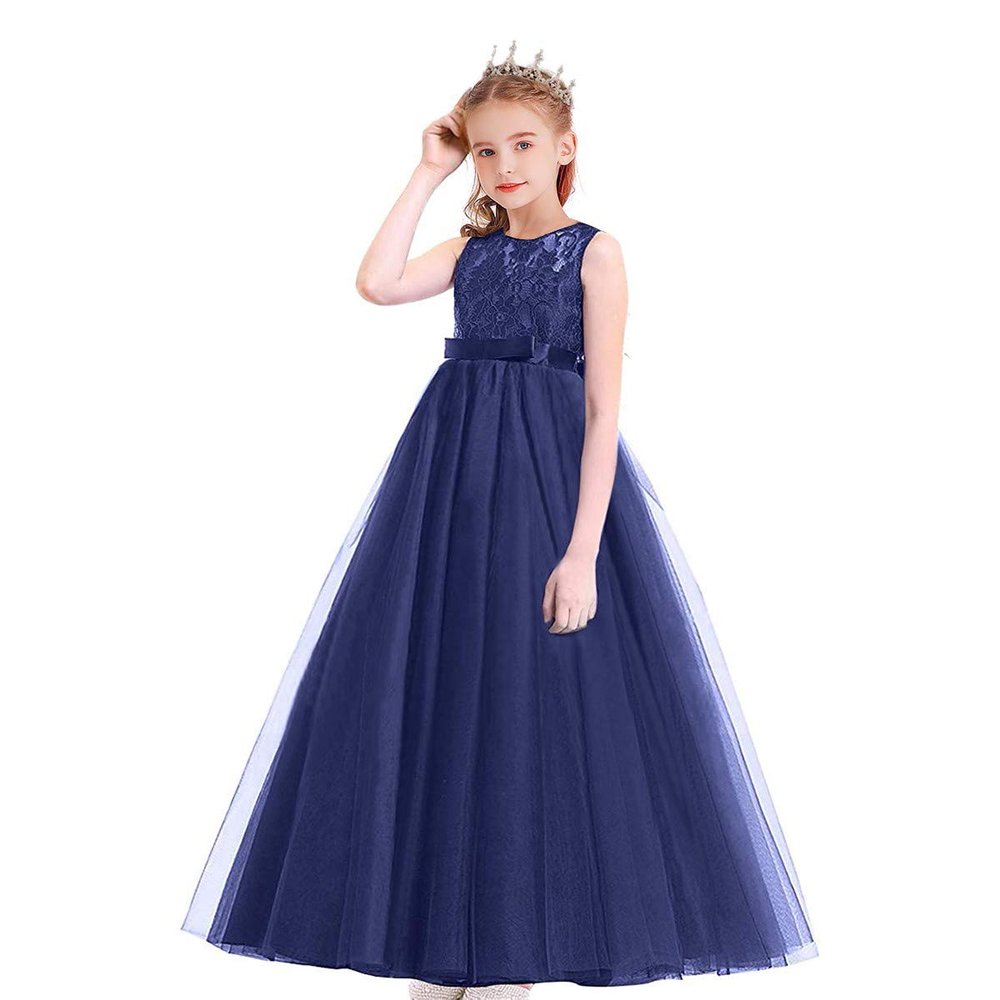 WOCINL Flower Girls Sleeveless Wedding Party Dress Vintage Princess Birthday Tulle Lace A-Line Evening Dance Ball Gown Navy 7-8T