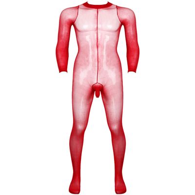JanJean Mens Sheer Bodystocking with Sheath Long Sleeves Footed Bodysuit Tights Leggings Pantyhose Red One Size