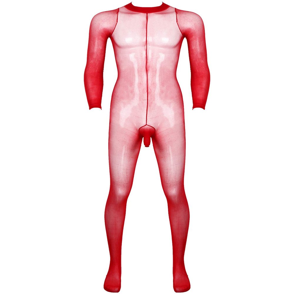 JanJean Mens Sheer Bodystocking with Sheath Long Sleeves Footed Bodysuit Tights Leggings Pantyhose Red One Size