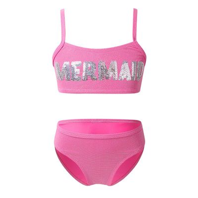 Aislor Kids Girls Sequin Shiny Tankini Set Spaghetti Straps Swimsuit Summer Beachwear Bikini Bathing Suit Rose Red 3-4