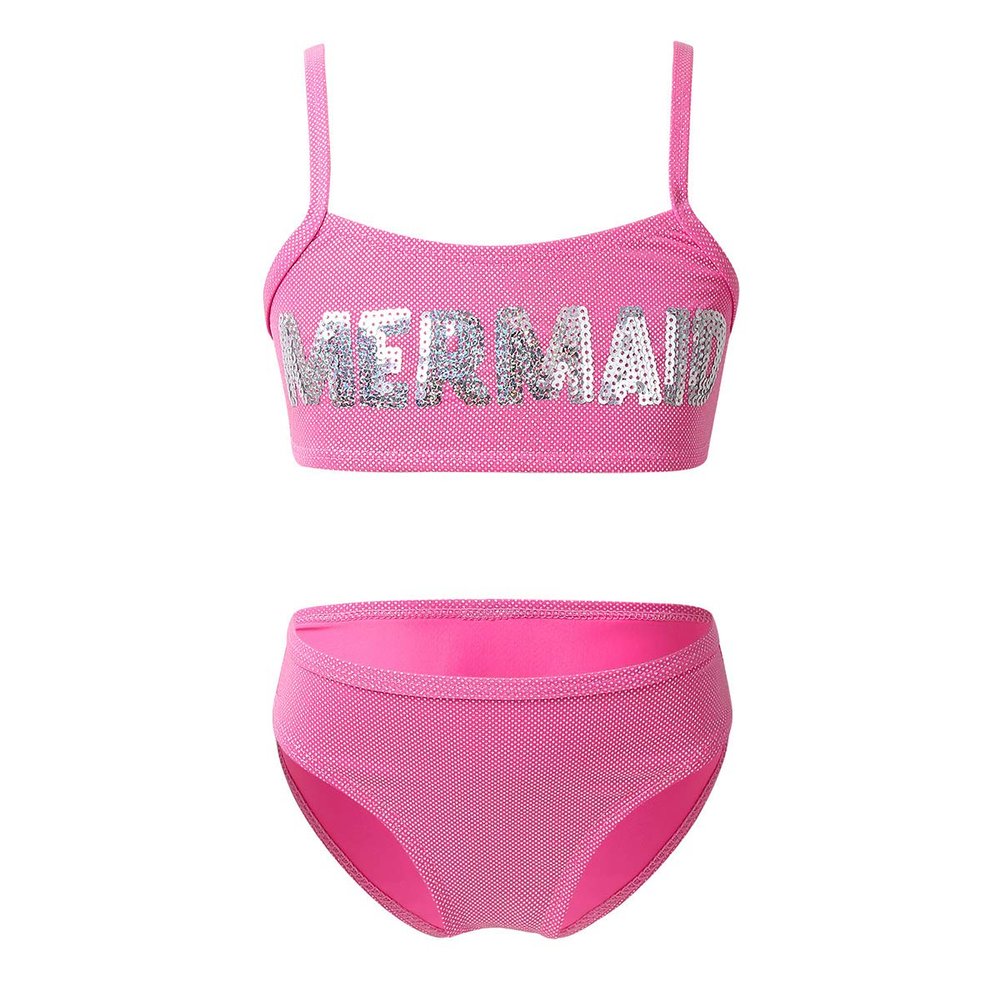 Aislor Kids Girls Sequin Shiny Tankini Set Spaghetti Straps Swimsuit Summer Beachwear Bikini Bathing Suit Rose Red 3-4