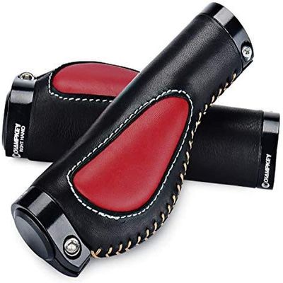 Bicycle Handlebar Grips High Grade Leather Bike Grips, Ergonomic Mountain Road Bike Handlebar Grips (Black+red)