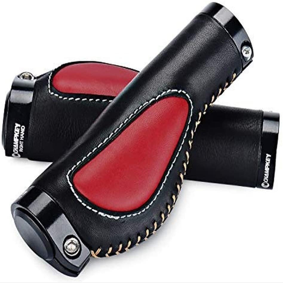 Bicycle Handlebar Grips High Grade Leather Bike Grips, Ergonomic Mountain Road Bike Handlebar Grips (Black+red)