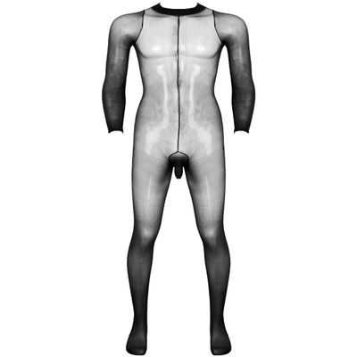 JanJean Mens Sheer Bodystocking with Sheath Long Sleeves Footed Bodysuit Tights Leggings Pantyhose Black One Size