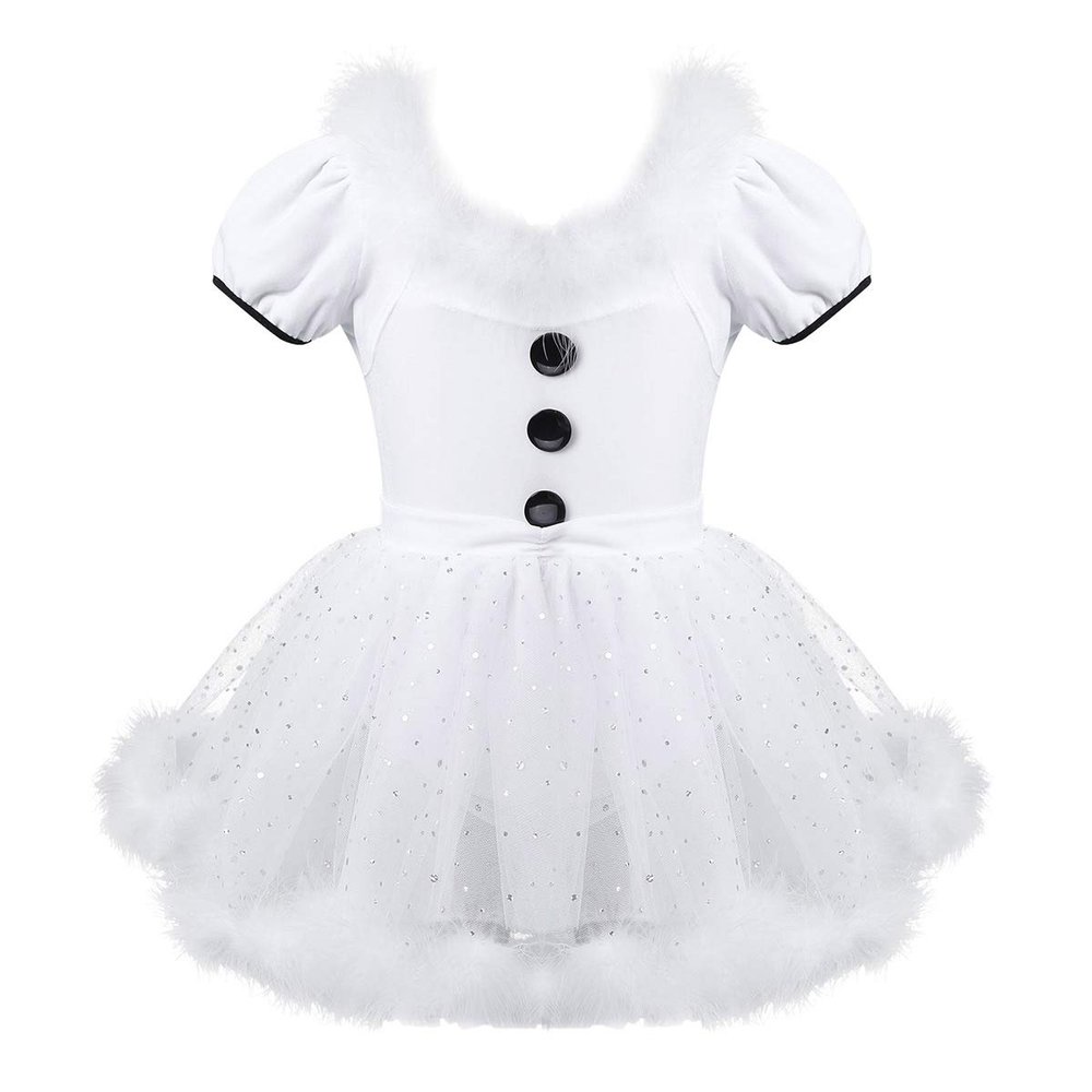 Alvivi Kids Girls Feather Trim Ballet Tutu Dress Figure Ice Skating Leotard Dress Christmas Snowman Dance Costume White 4