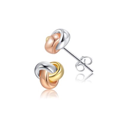 18K Gold Plated Love Knot Earrings 925 Sterling Silver Small Post Earrings and Tri-tone Silver Twisted Stud Earrings for Women