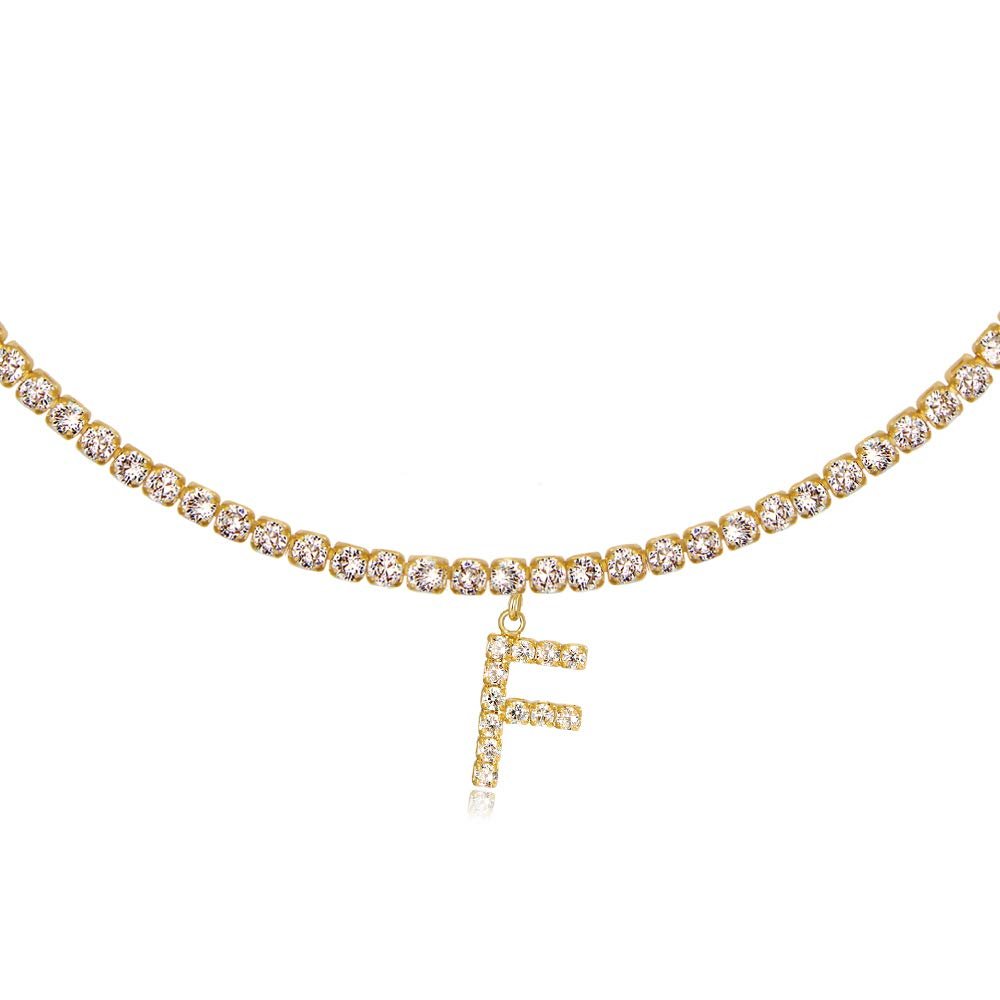 LecAit Letter F Necklaces Initial for Women 14K Gold Plated Cubic Zirconia Tennis Chain Choker Necklace for Women