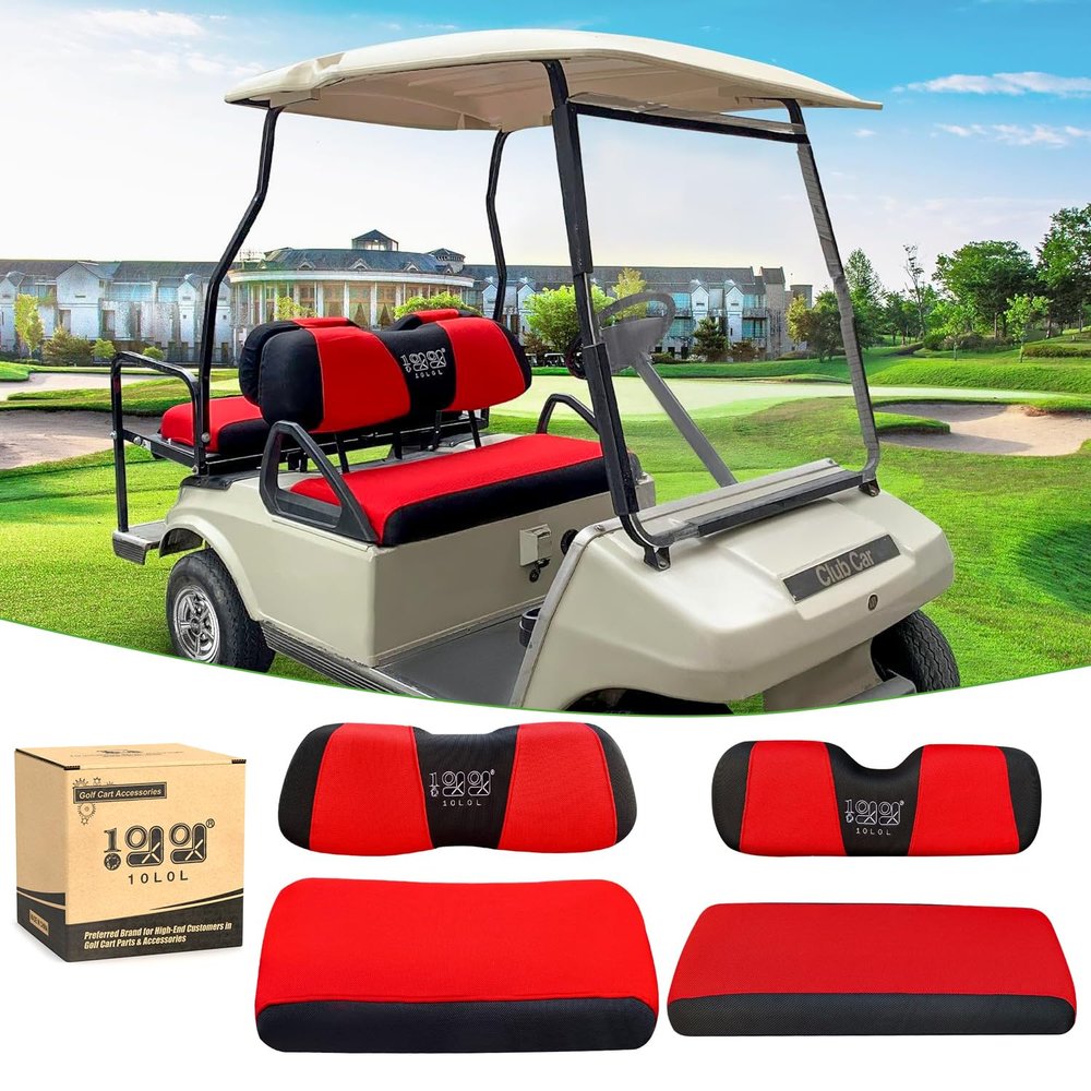 10L0L Golf Cart Front Rear Seat Cover Set for EZGO TXT RXV & Club Car DS 2000-up(Flat Backrest), Made of 3D Air Mesh Polyester Fabric Breathable Washable, Red