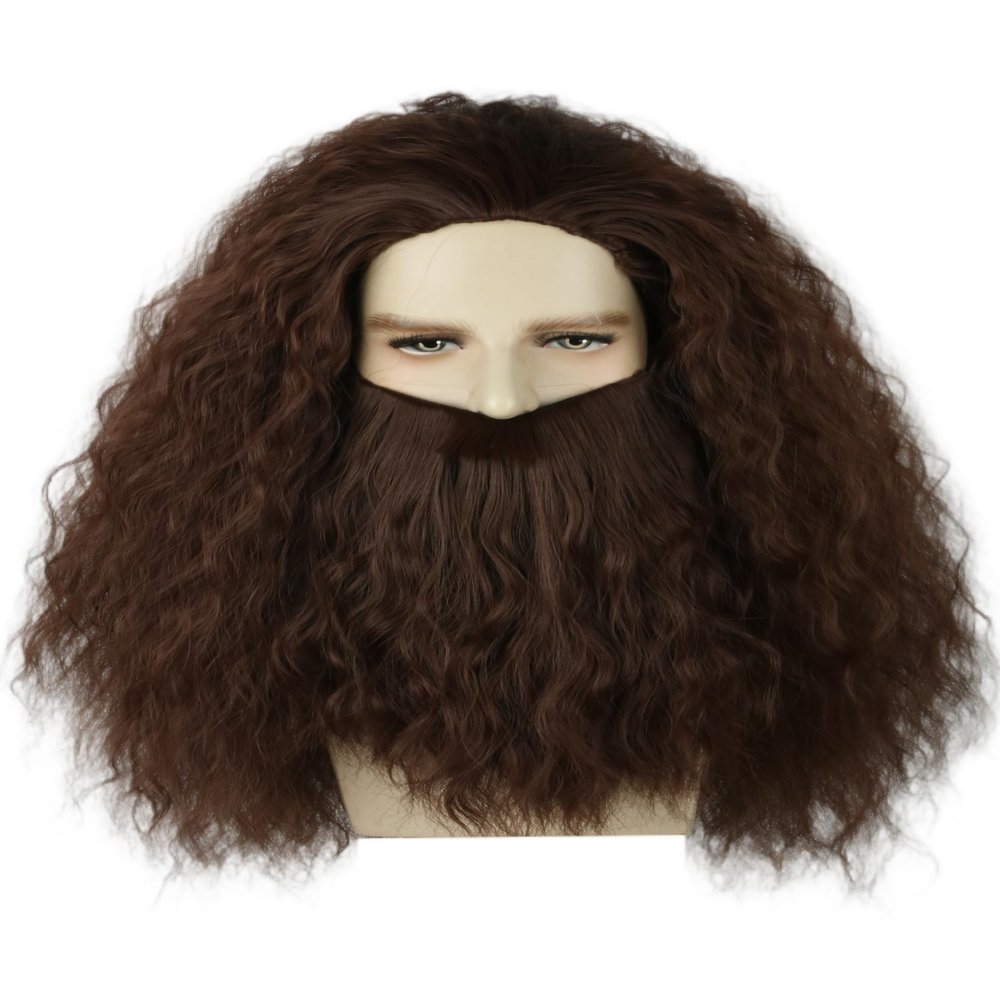 LeMarnia Men's Wig and Beard Dark Brown Wizard Wig with Fluffy Beard Set for Halloween Costume Wigs
