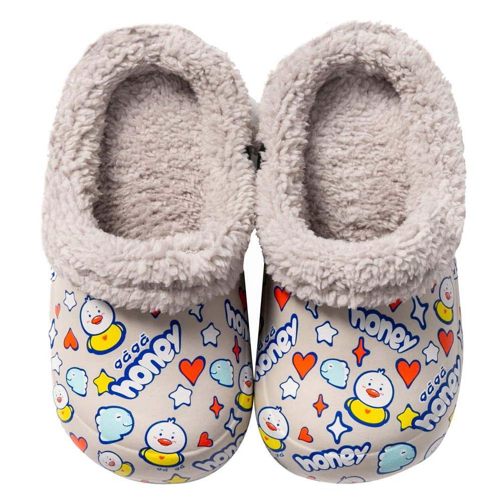 CERYTHRINA Kids Girls Boys Lining Clogs Shoes Garden Shoes Cartoon Comfort Faux Fur Lined House Bedroom Slippers Lightweight Winter Warm Slip On Yarn Clog Non-Slip Waterproof Slippers Grey Duck 18