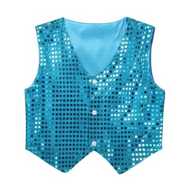 JanJean Kids Boys Girls Shiny Sequins Shirt Vest Jacket Waistcoat for Hip Hop Jazz Dance Stage Performance Fancy Show Light Blue 12-13