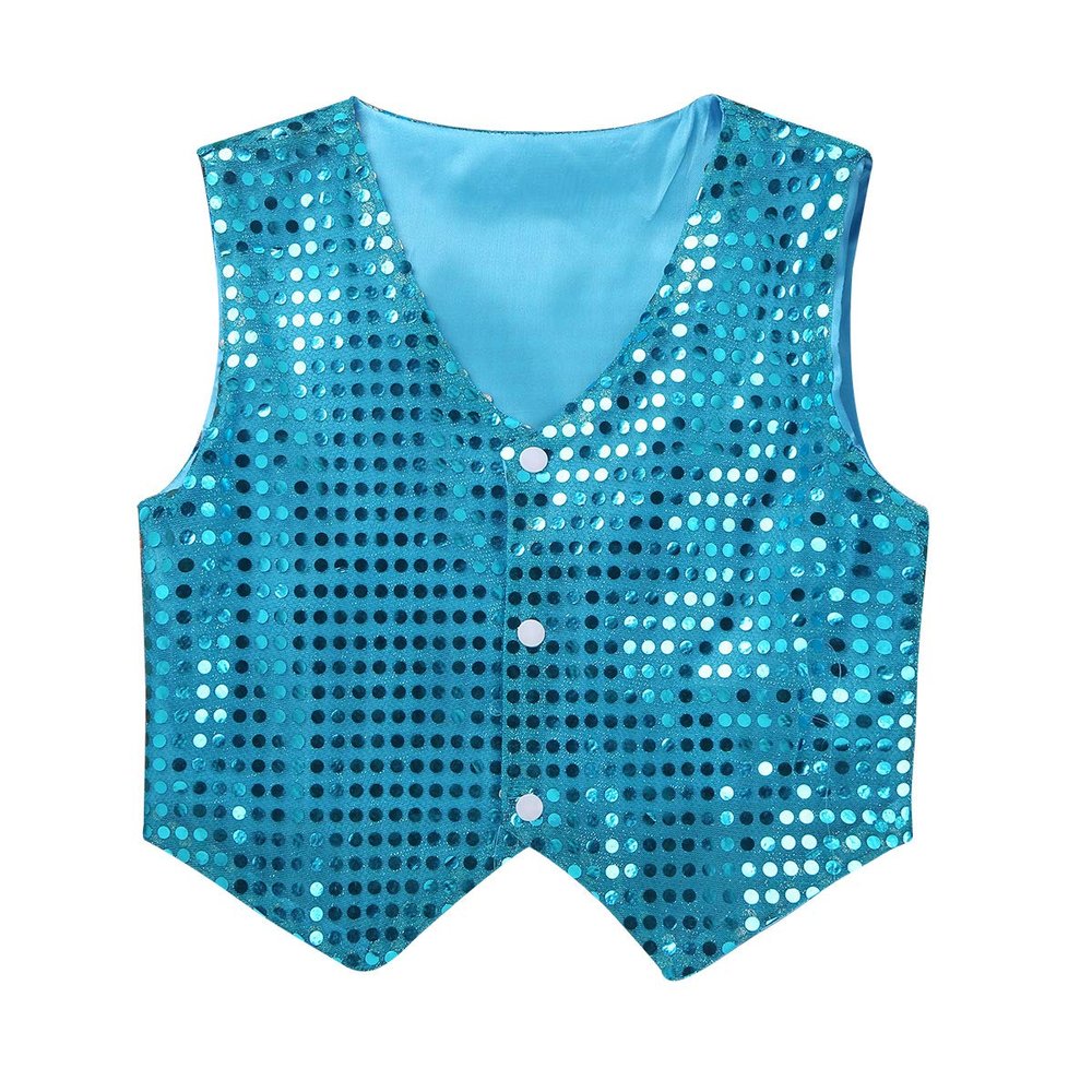 JanJean Kids Boys Girls Shiny Sequins Shirt Vest Jacket Waistcoat for Hip Hop Jazz Dance Stage Performance Fancy Show Light Blue 12-13