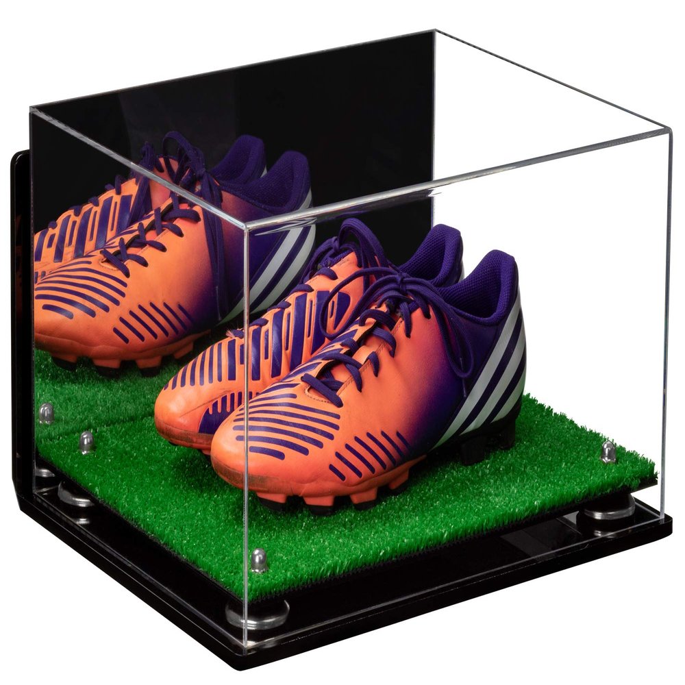 Better Display Cases Acrylic Shoe Pair Display Case for Soccer Cleats Football Cleats with Mirror, Silver Risers, Wall Mount and Turf Base (A026/V12)