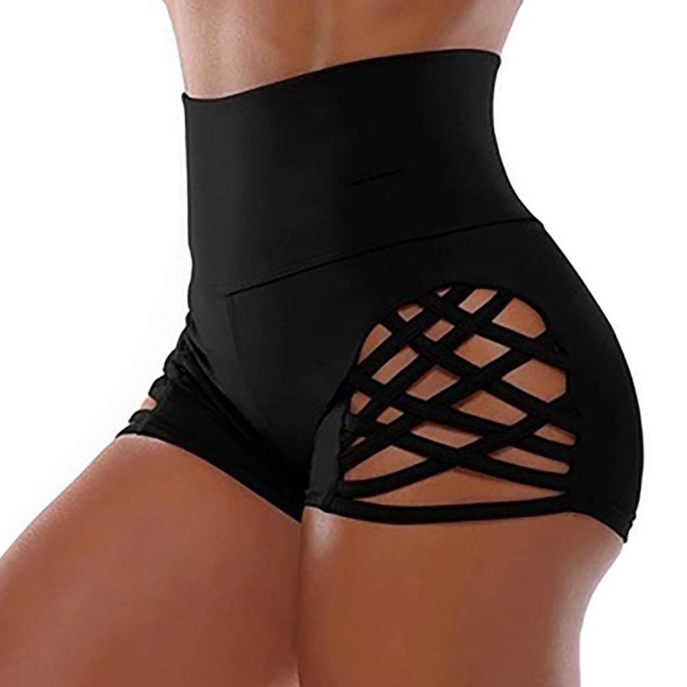 Arinda Bandage Cutout High Waist Shorts Hollow Out Yoga Shorts Stretchy Sports Fitness Pants Black