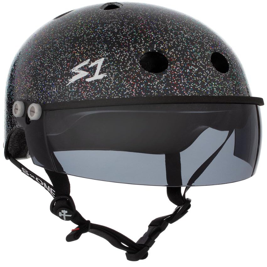S1 Lifer Visor Helmet Gen 2 for Skateboarding, BMX, and Roller Skating - EPS Fusion Foam, CPSC & ASTM Certified - Black Gloss Glitter w/Tint Visor Medium (21.5")