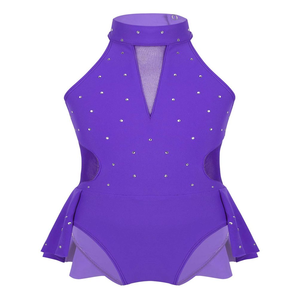 Agoky Kids Girls Criss Cross Lace Back Cotton Leotard Ballet Dancewear Gymnastics Unitard Purple Sparkly 15-16