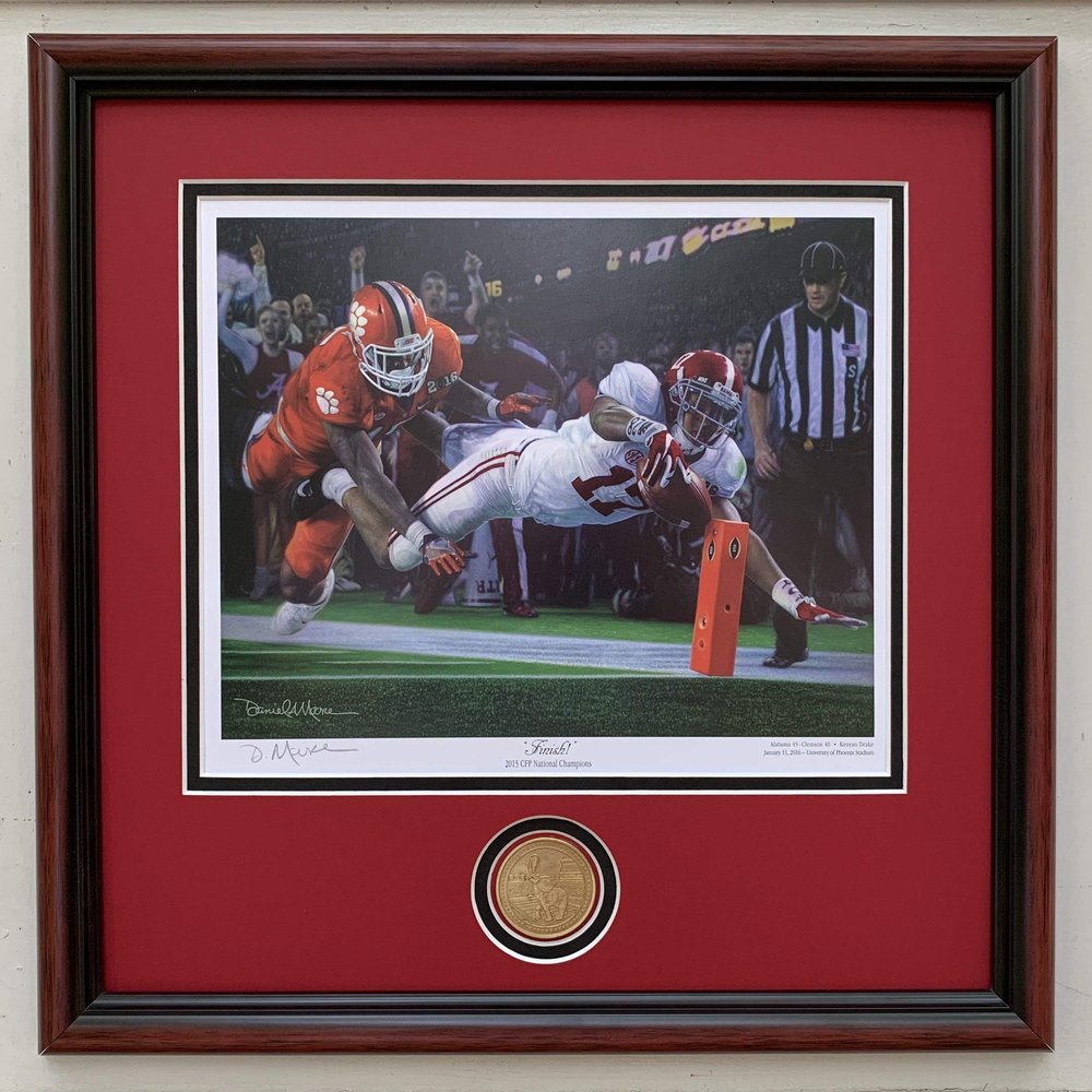 Finish! Framed Art with Coin by Daniel Moore - Alabama Football defeats Clemson to win the 2015 National Championship Framed Print