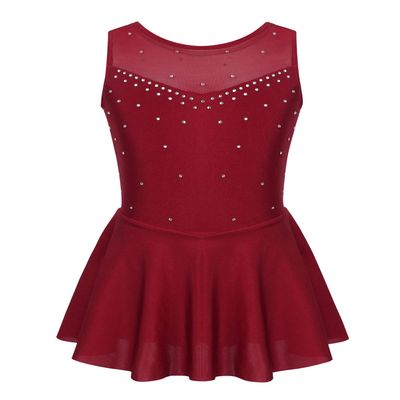 Agoky Big Girls' Kids Sparkly Ice Figure Skating Roller Skating Dress Gymnastic Tutu Skirted Leotard Costume Burgundy Sparkly 5-6