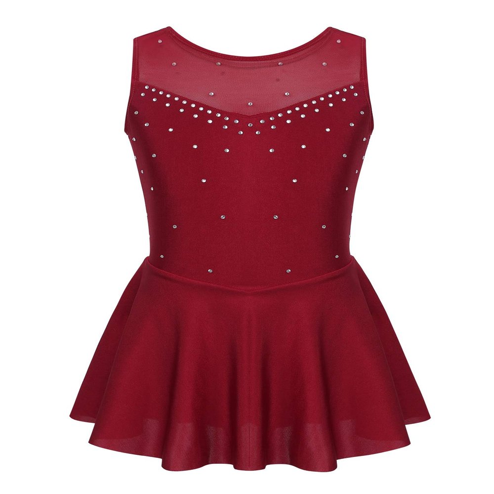Agoky Big Girls' Kids Sparkly Ice Figure Skating Roller Skating Dress Gymnastic Tutu Skirted Leotard Costume Burgundy Sparkly 5-6