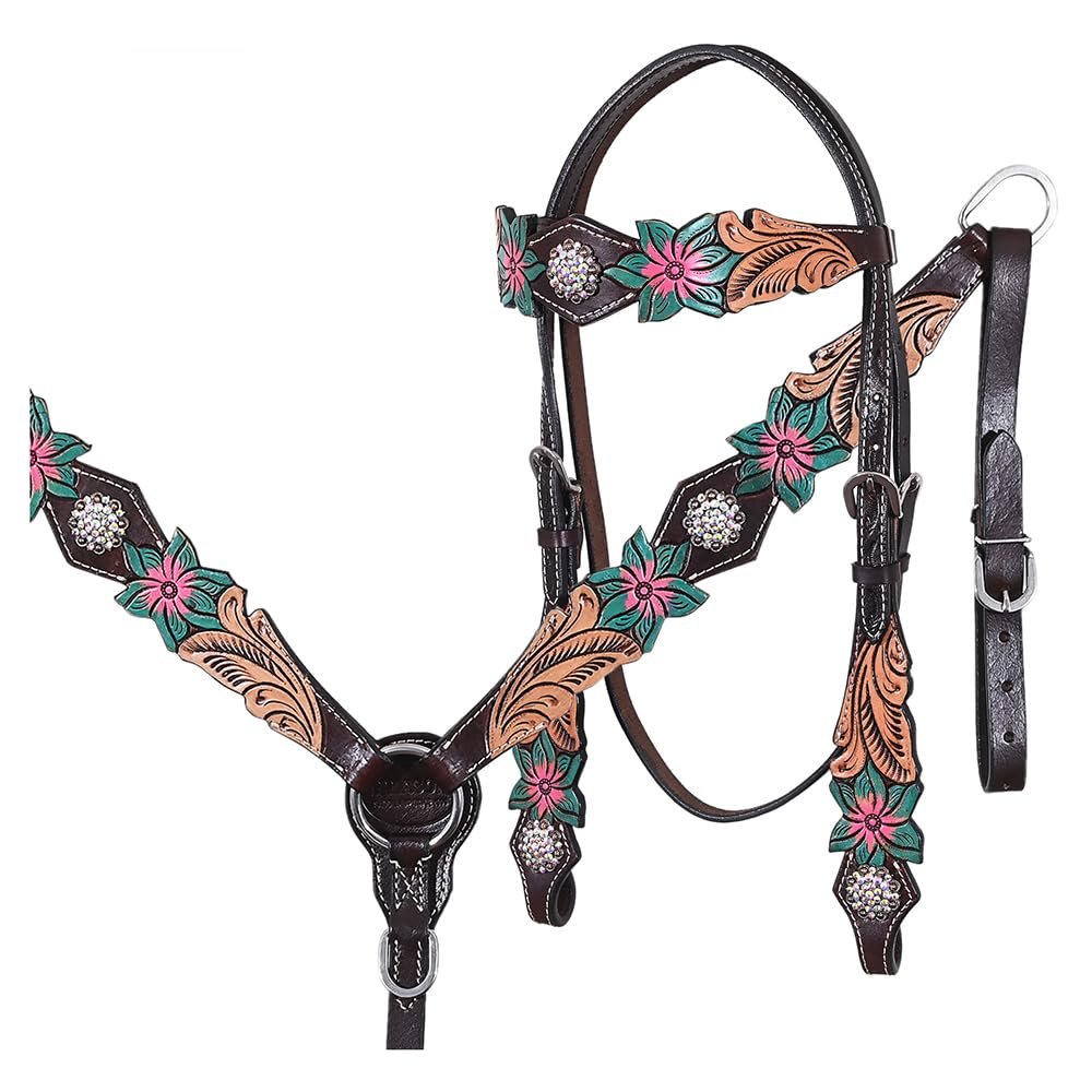 HILASON Western Horse Headstall Breast Collar Set American Leather Floral | Tack for Horses