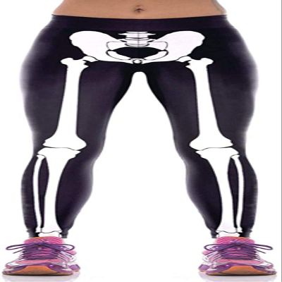 Aventy Skeleton Halloween Costume Leggings Bone Leg Black Spandex Halloween Tight Pants for Women (White, X-Large)